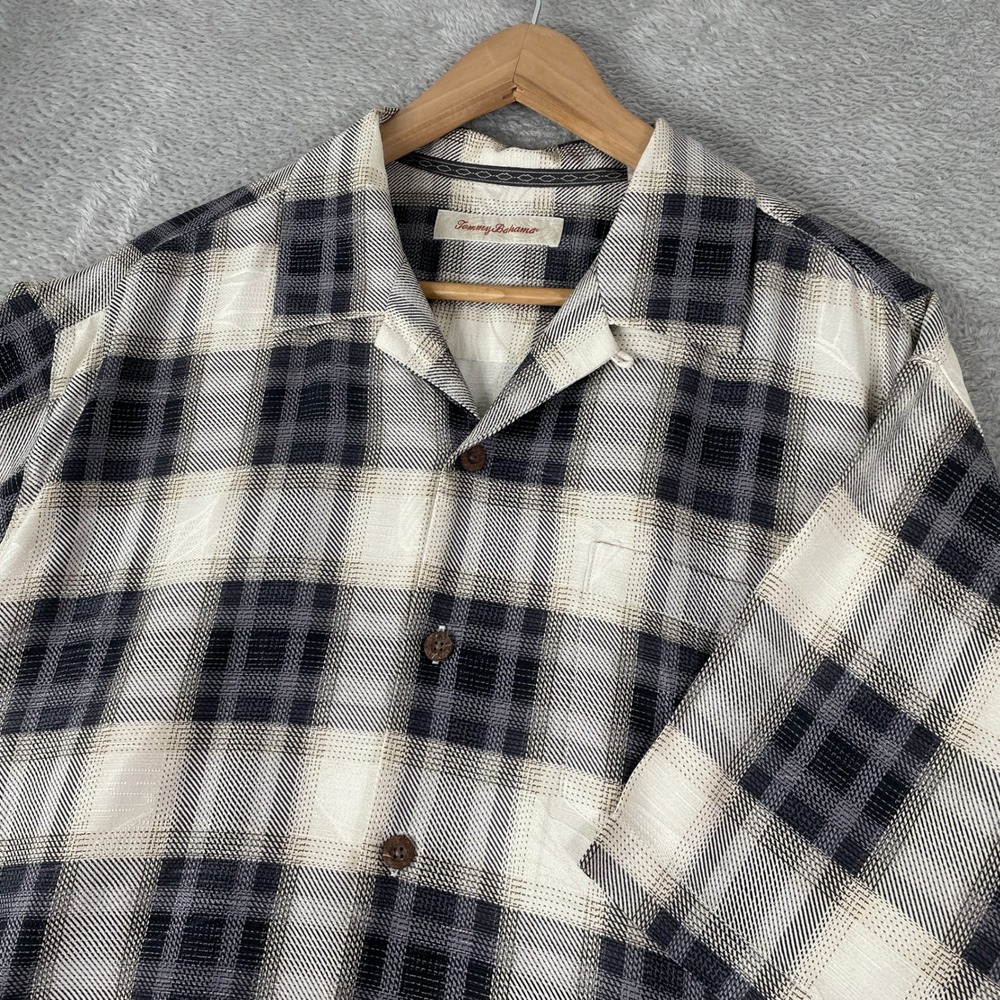 Tommy Bahama Shirt Mens Large Black White Silk Plaid Jacquard Camp Collar Resort